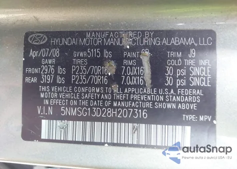 2008 Hyundai Santa Fe Gls z USA, uszkodzony, nr VIN 5NMSG13D28H207316